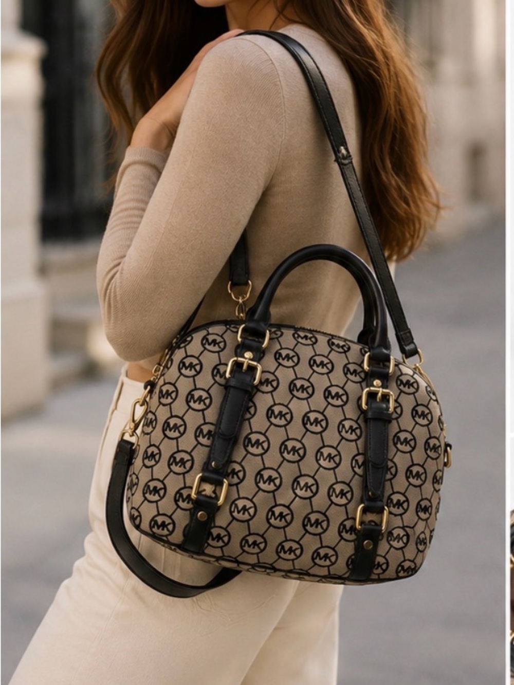Michael Kors Signature Logo Satchel Crossbody Bag – Beige/Black Jacquard